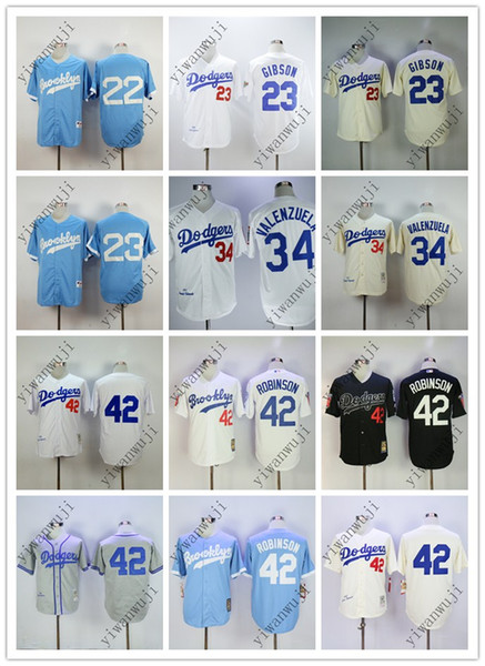 Cheap DODGERS 22# KERSHAW/23#GIBSON/34# VALENZUELA/42# ROBINSO Cream/White Grey Light Blue Black Baseball Jerseys Shirt Stitched Top Quality