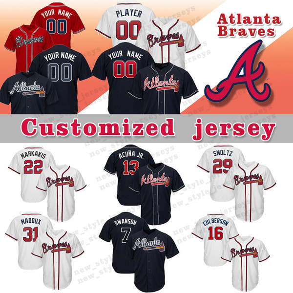 Custom Atlanta jersey Braves Greg 31 Maddux Brian 16 McCann 22 Nick Markakis 20 Josh Donaldson Baseball Jersey