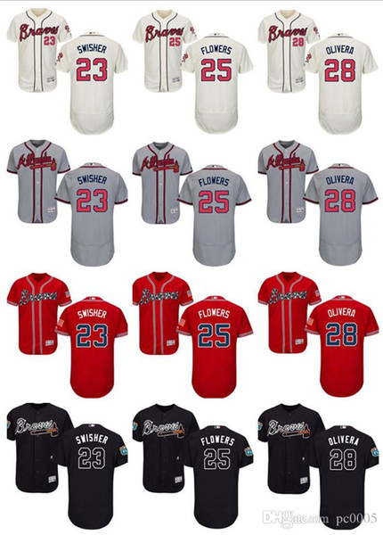 custom Men's Women Youth Majestic Braves Jersey #25 Tyler Flowers 28 Hector Olivera 23 Nick Swisher Home Black Red Kids Baseball Jersey