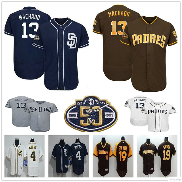 2019 New San Diego #13 Manny Machado Jersey Blue White Brown Stitched 4 Wil Myers 19 Tony Gwynn Padres Baseball Jerseys 50th Patch