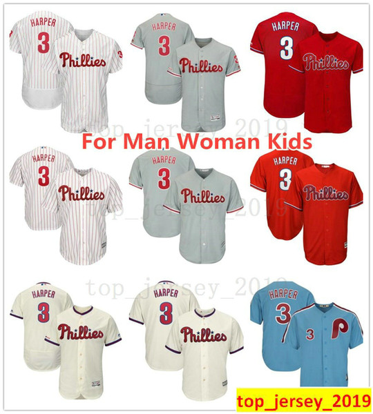 2019 New Style Bryce Harper Jersey Philadelphia Man Youth Kids Woman Phillies Baseball 3 Bryce Harper Jerseys White Red Grey Cream Blue Boys