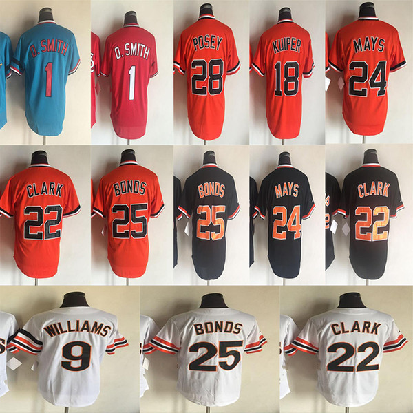 1 O.SMITH 24 Willie Mays 25 Barry Bonds 22 Will Clark 9 Williams Retro Baseball Jerseys