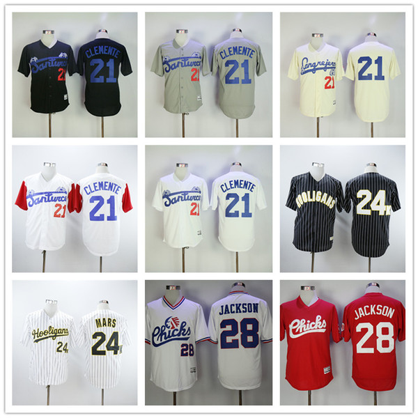 Men's 21 Roberto Clemente Road Puerto 28 Bo Jackson Baseball Jersey Memphis Chicks Movie Hooligans Bruno Mars 24 K Bianco Awards Gessato