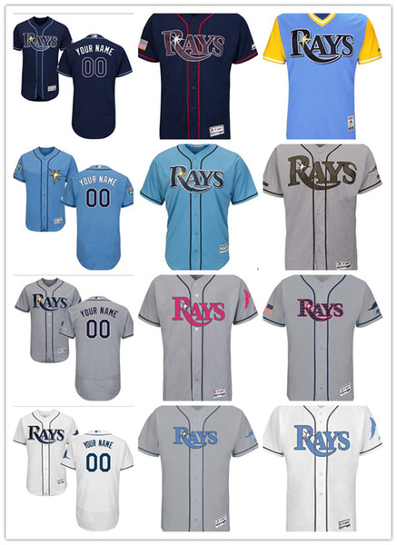 custom Men's women youth Majestic Tampa Bay Rays Jersey Personalized Name and Number Blue Grey White Kids Girls Baseball Jerseys