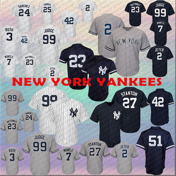 New York 99 Judge Jersey Yankees 2 Jeter 25 Torres 23 Mattingly 42 Rivera 27 Stanton 51 Williams 7 Mantle 24 Sanchez Ruth