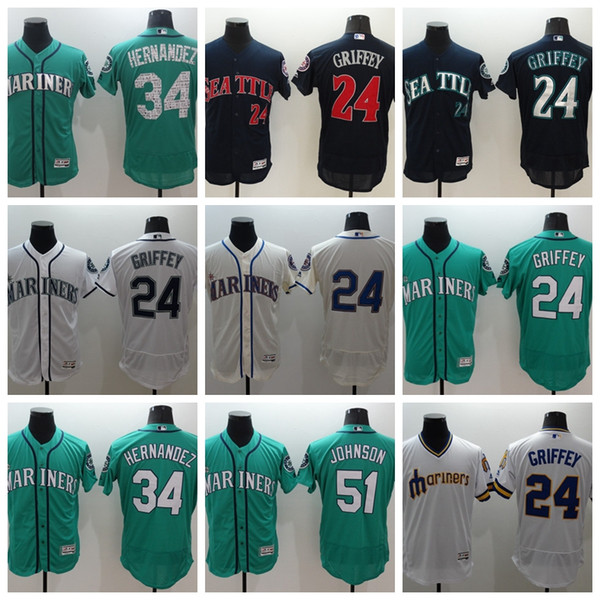 Seattle Custom Mariners Baseball Jersey 24 Ken Griffey Jr 51 Randy Johnson 34 Felix Hernandez 22 Robinson Cano 15 Kyle Seager Jersey