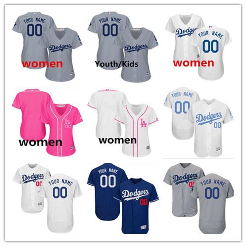 custom Men's women youth Majestic LA Dodgers Jersey #00 Your name and your number Blue Grey White Kids Girls Dodgers Baseball Jerseys