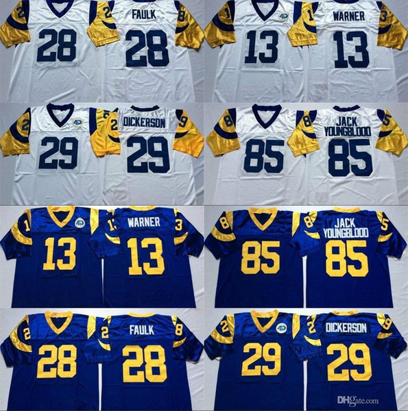 85 Jack Youngblood Jersey Men 13 Kurt Warner 28 Marshall Faulk 29 Eric Dickerson 75 Deacon Jones Jersey Blue White