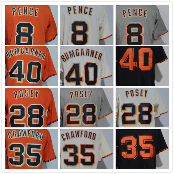 2018 Men's SF 28 Buster Posey 35 Crawford 40 Bumgarner 8 Pence Black #35 #40 Grey Cream Orange Giants Flex Base Baseball Jerseys