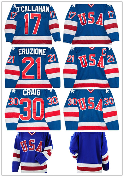 Men's 30 Jim Craig 21 Mike Eruzione 17 Jack O'Callahan 1980 USA White Blue Hockey Jersey Team USA Miracle On Alternate Year Jerseys