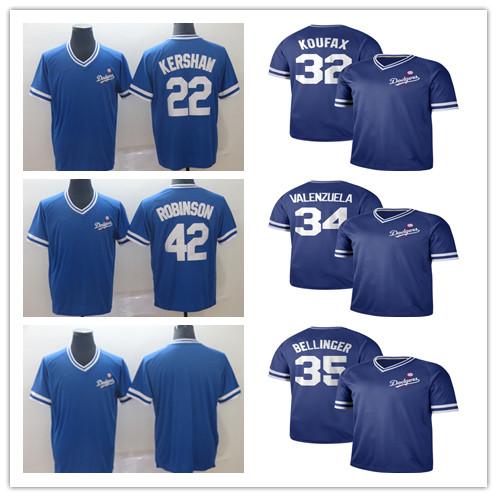 2019 Mens Los Angeles Dodger 100%embroidery Baseball jersey 32 Koufax 34 Valenzuela 35 Bellinger 22 Kershaw 42 Robinson Retro Baseball shirt