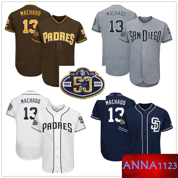 2019 New Arrival San Diego #13 Manny Machado Jersey Blue White Grey Stitched Manny Machado Padres Baseball Jerseys 50th Patch