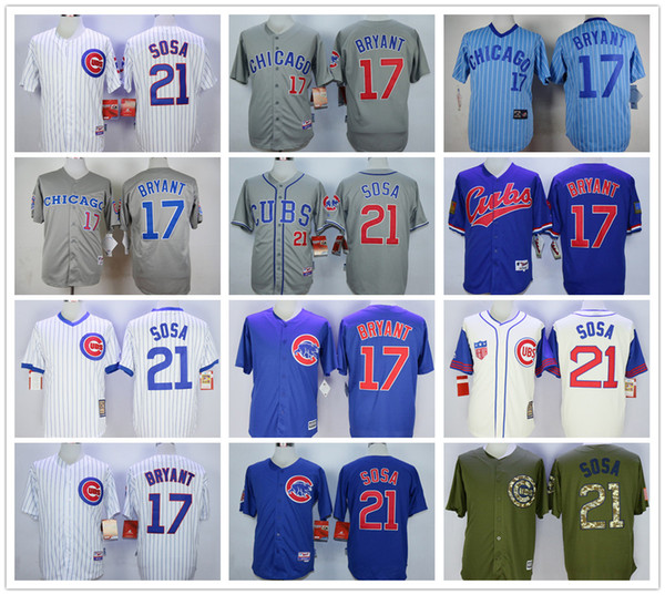 Men's Baseball Jerseys 17 Bryant 21 Sammy Sosa Jerseys color white blue gray yellow green Size M-3XL