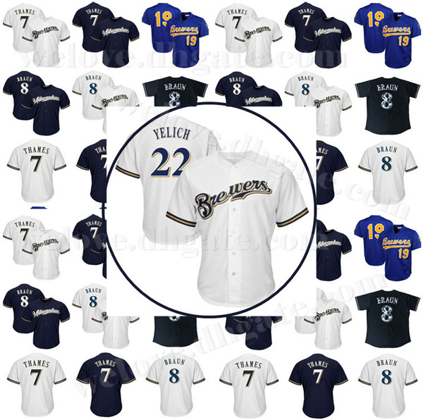 Wholesale Mens Milwaukee 22 Christian Yelich 8 Ryan Braun Jersey 7 Eric Thames Baseball Jerseys 19 Robin Yount Brewers Stitched jerseys