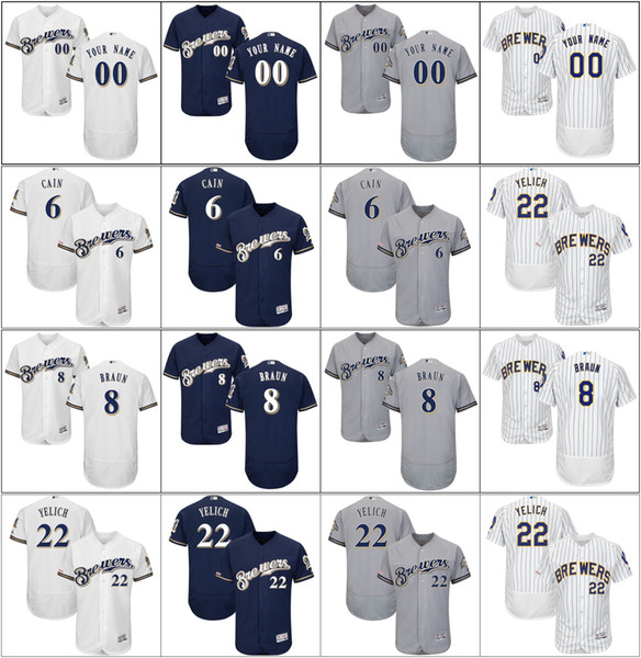 Men's Milwaukee Cheap Brewers Ryan Braun 8 Christian Yelich 22 Lorenzo 6 Cain Flex Base Baseball Player Jersey