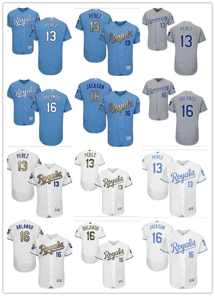 custom Men's Women Youth Kansas City Royals Jersey #13 Salvador Perez 16 Paulo Orlando 16 Bo Jackson Home Blue White Grey Baseball Jerseys