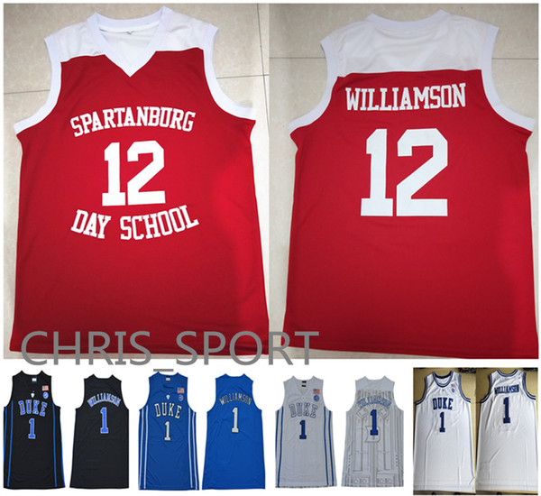 Duke college #12 Zion Williamson Spartanburg Day School jerseys #1 embroidered basketball jerseys white/blue/red custom player uniform