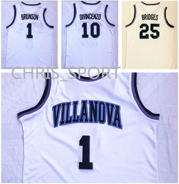 Villanova College Basketball Jerseys Wildcats player #1 Jalen Brunson 10 Donte DiVincenzo 25 Mikal Bridges white game uniform