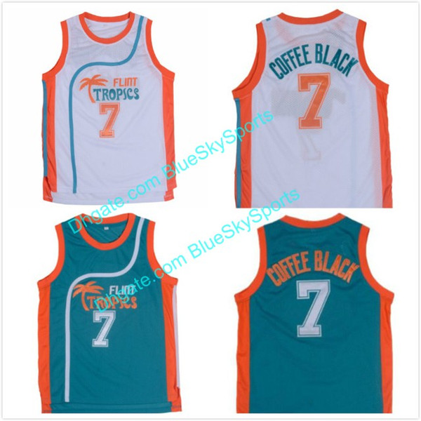 Men's 7 Coffee Black Jersey White Green Flint Tropics Semi Pro Movie Basketball Jerseys Stitched Size S-2XL