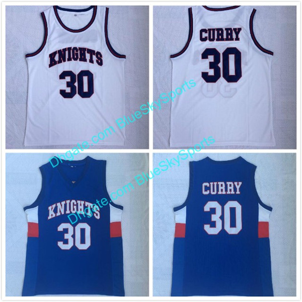 Men's Curry #30 High Quality Knight High School Basketball Jersey White Blue Stitched Shirts Fast Shipping Size S-XXL