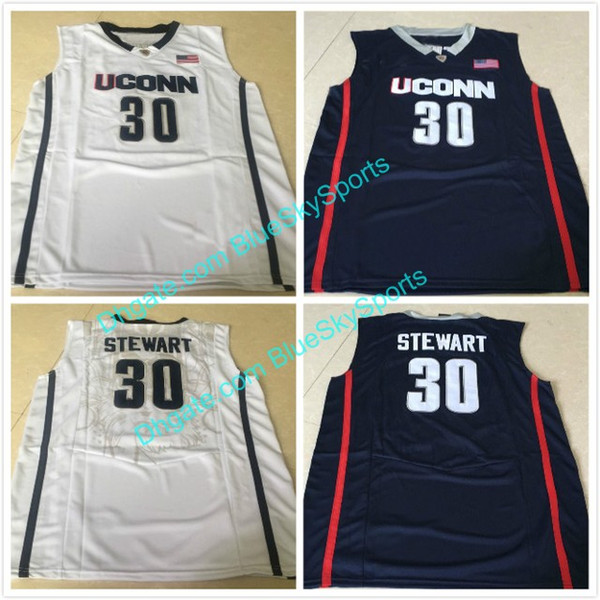 Mens Stewart High Quality White Navy Blue Uconn Huskies College Basketball Jerseys #30 Breanna Jersey Stitched Free Shipping