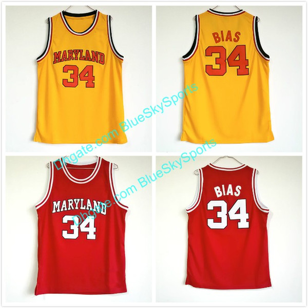 Men's Maryland Terps #34 Len Bias Jersey Red Yellow Stitched College Basketball Jersey Fast Size S-XXL