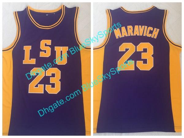 Mens NCAA LSU Tigers Pete 23 Maravich High Quality Basketball Jersey Purple White Stitched Free Shipping