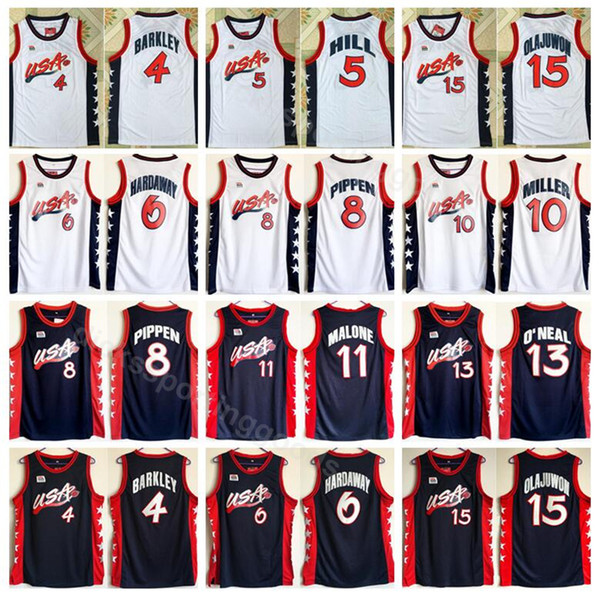 1996 US Basketball Jersey Dream Three 4 Charles Barkley 6 Penny Hardaway 8 Scottie Pippen 15 Hakeem Olajuwon American Navy Blue White