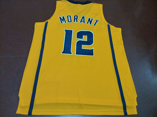 Men Yellow White Ja Morant #12 Murray State College Real embroidery jersey Size S-4XL or custom any name or number jersey