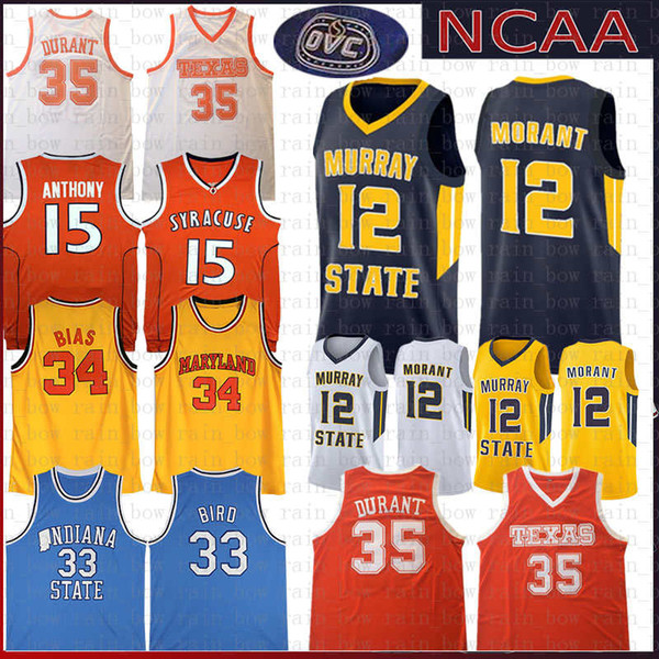 12 Ja Morant NCAA jersey Murray State Racers University of Maryland 34 Len Bias Indiana State Larry 33 Bird 35 Texas Tech Durant Anthony