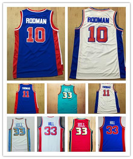 Mens 100%embroidery 11 Thomas 10 Rodman 33 Grant Hill Basketball jersey Blue white green Hardwood Classic Retro Jersey