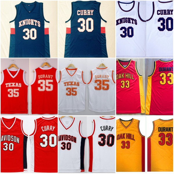 #30 Stephen Curry Davidson #35 Kevin Durant Texas College Basketball Shirts Stitched Knights Oak Hill High School Basketball Jersey