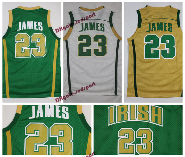 Mens LeBron James St. Vincent Mary High School Irish Jerseys Basketball Shirts LeBron James #23 Stitched Jerseys Green Gold Shirts