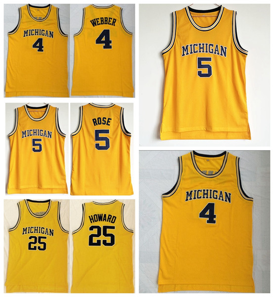 NCAA College Men Basketball 5 Jalen Rose Jersey Michigan Wolverines 4 Chris Webber 25 Juwan Howard Jerseys Team Color Yellow Free Shipping