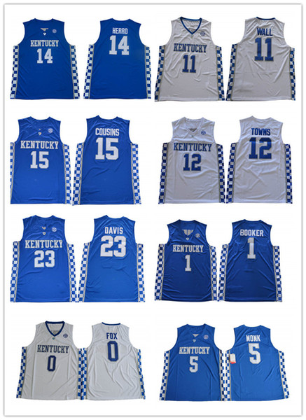 Men Kentucky Wildcats 14 Tyler Herro 11 John Wall 5 Malik Monk 3 Edrice Adebayo 23 Davis 0 Fox College Basketball Replica Stiched Jerseys