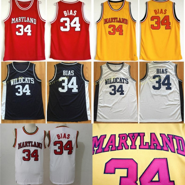 College 34 Len Bias Jersey Men Basketball University 1985 Maryland Terps Jerseys Team Red Yellow White Away Sport Breathable