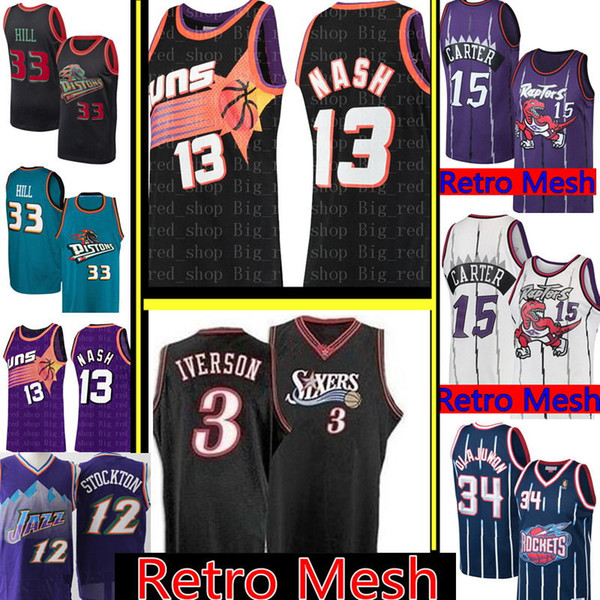 Steve 13 Nash Allen 3 Iverson Jersey NCAA University Retro Vince 15 Carter Grant 33 Hill Abdul 34 Olajuwon Mesh Embroider Basketball Jerseys