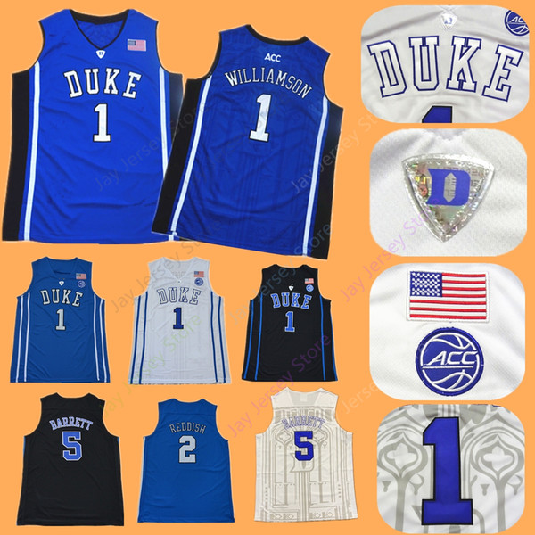 NCAA College Duke Blue Devils Jersey Basketball 1 Zion Williamson 2 Cameron Reddish 5 RJ Barrett Home Away size S-2XL