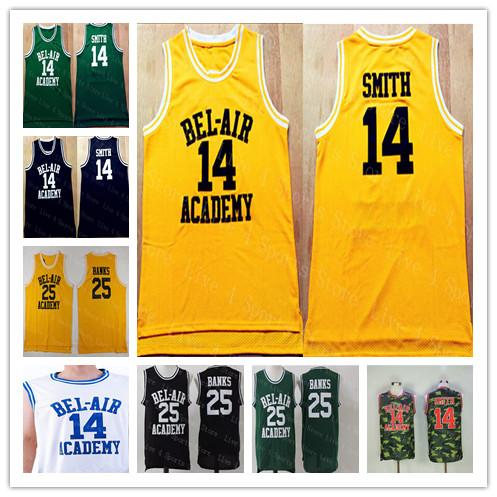 Cheap Men's 14 WILL SMITH 25 Carlton Banks FRESH PRINCE OF BEL-AIR Movie BASKETBALL JERSEY Stitched Black White Green Yellow