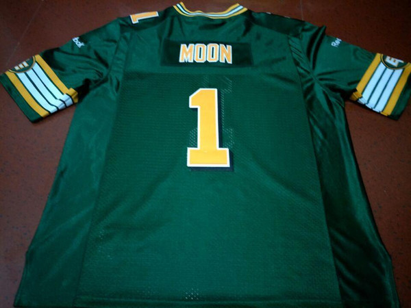 Men Edmonton Eskimos #1 WARREN MOON White Green real Full embroidery College Jersey Size S-4XL or custom any name or number jersey