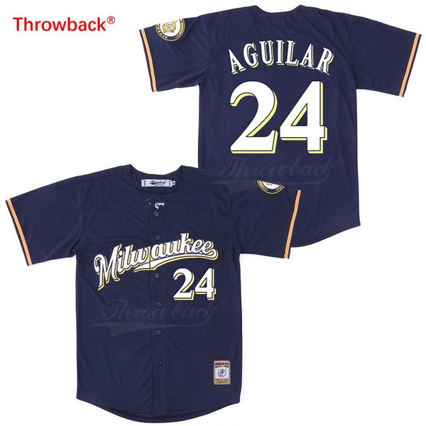 Throwback Jersey Men's Milwaukee Aguilar Jerseys Baseball Jersey Stiched Colour Dark Blue Free Shipping Cheap