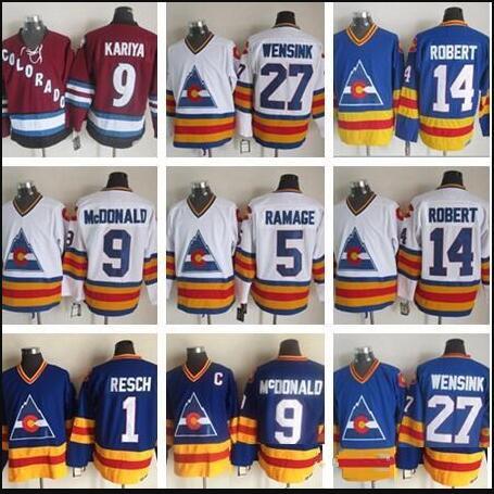 1981 Vintage Colorado 27 John Wensink 5 Rob Ramage 14 Rene Robert 9 Lanny McDonald 1 Glenn Chico Resch Hockey Jerseys Embroidery Stitched C