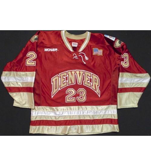 Custom 2005-06 Denver Pioneers 23 Brock McMorris 26 Paul Stastny Hockey Jersey Road Red Embroidery Stitched Customize any number and na