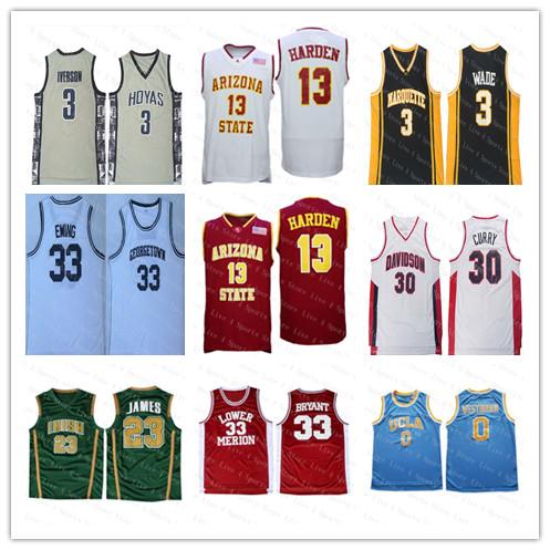 Cheap NCAA Georgetown 3 Iverson Baskeball Jersey College James 13 Harden Arizona State Sun Devils High School Irish 23 James 33 Bryant