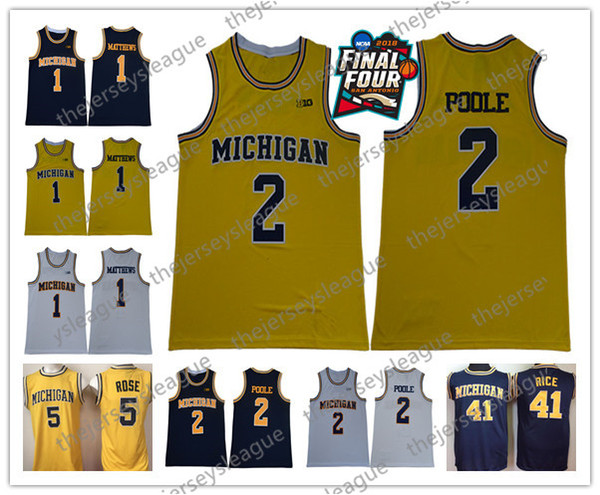 Michigan Wolverines #2 Poole Matthews Webber Rose Howard Rice Stitched Yellow White Navy Blue Final Four Patch NCAA Basketball Jersey