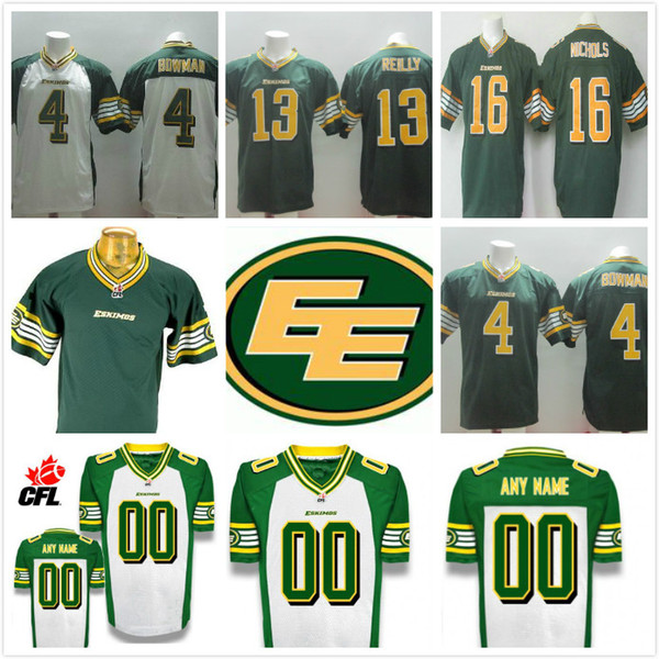 CFL Custom Edmonton Eskimos Premier TC White green #4 BOWMAN #13 REILLY #16 nichols Football Jersey Edmonton Eski