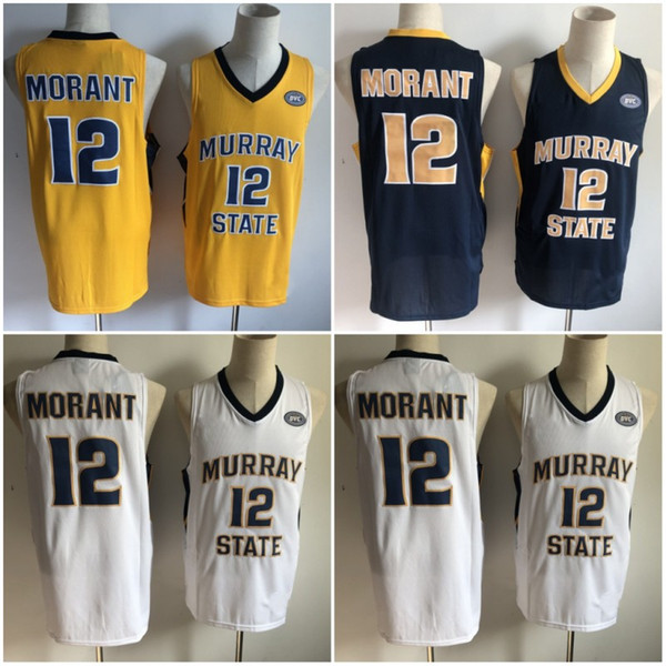 Mens 12 Ja Morant Murray State College Ncaa Jersey University Embroidery Stitched 12 Ja Morant Jersey College Gold Blue White S-XXL