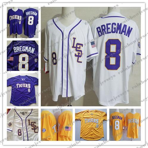 NCAA LSU Tigers #8 Alex Bregman College Baseball Jerseys Purple Gold Yellow White S-4XL