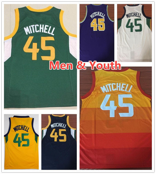 Kids Youth Mens Donovan Mitchell Basketball Jerseys 2019 New Green Orange Blue White Yellow Donovan 45 Mitchell Jersey Stitched Shirt Boys