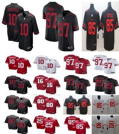 Men's womens kids San Francisco jersey 49ers 10 Jimmy Garoppolo 85 George Kittle 16 Joe Montana 25 Sherman 97 Nick Bosa 80 rice jersey